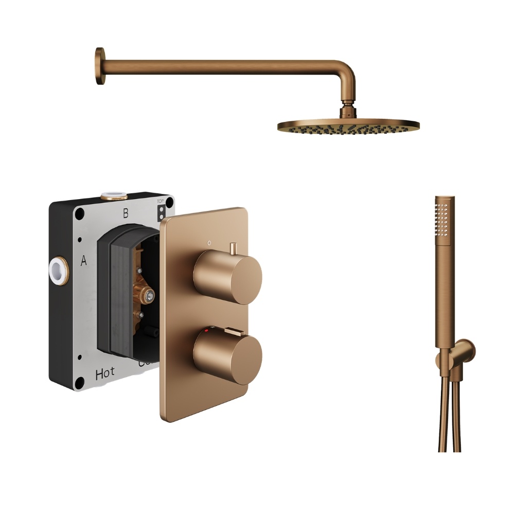 Product Cut out image of the Abacus Iso Brushed Bronze 2 Outlet Shower Pack with Fixed Head & Handset